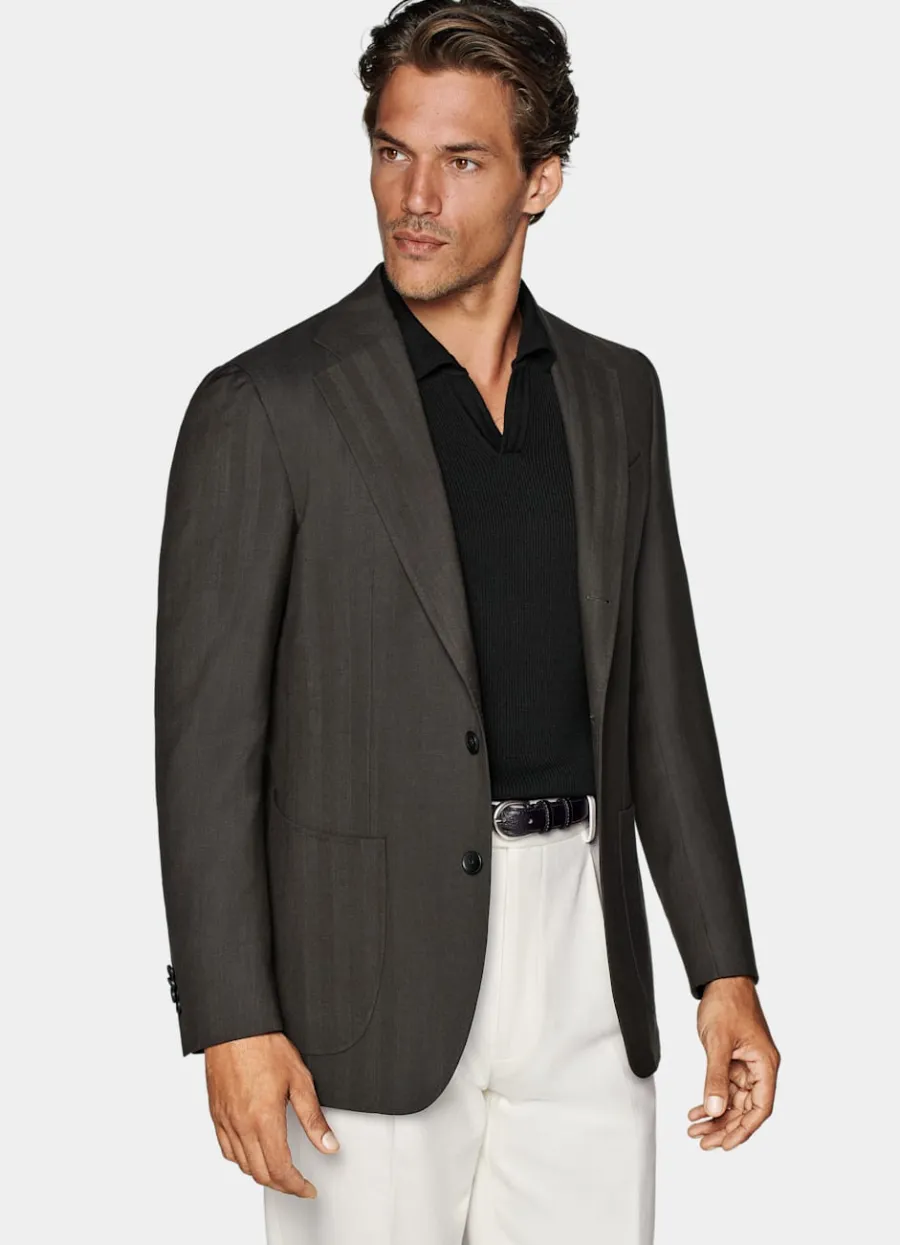Cheap Havana Sakko dunkelbraun Fischgrätmuster Tailored Fit Casual Chic Hochzeit | Sakkos