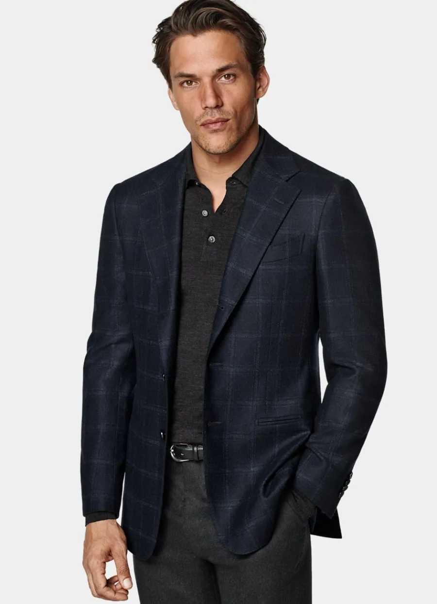 Cheap Havana Sakko navy kariert Tailored Fit Casual Chic Hochzeit | Sakkos