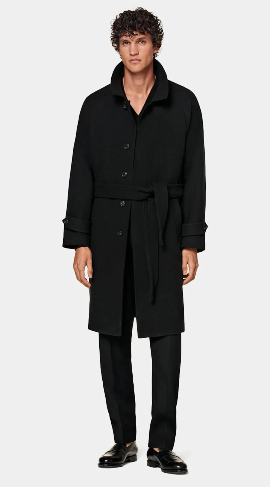 Best Sale Mantel schwarz Fischgrätmuster Gürtel Mäntel