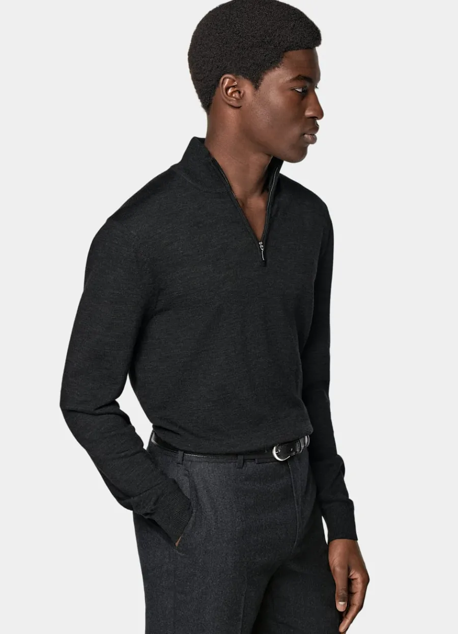 Discount Merino dunkelgrau halber Reißverschluss Pullover Mit Reißverschluss