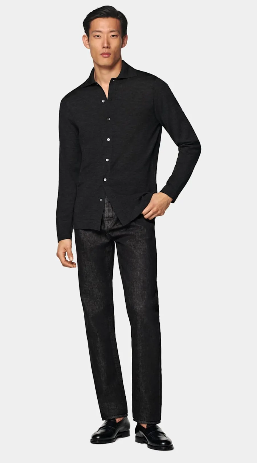 Clearance Merino Polo-Cardigan Langarm dunkelgrau Strickhemden | Cardigans
