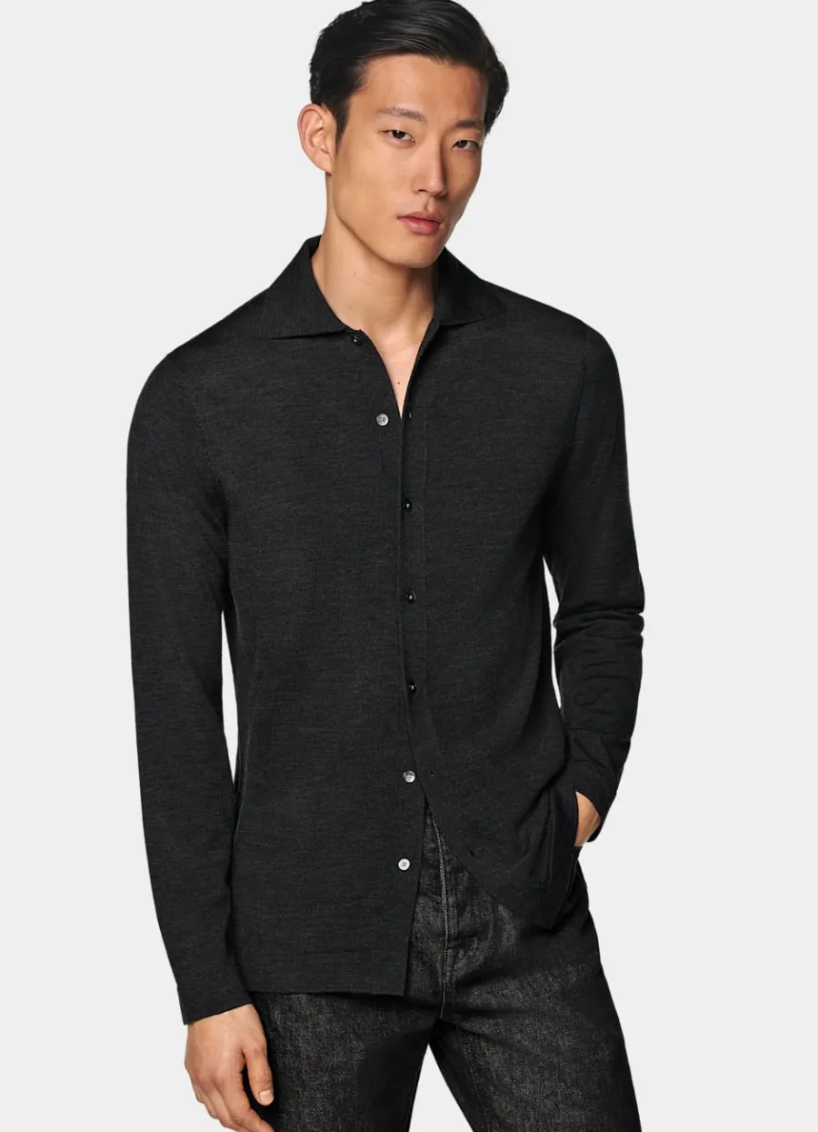 Clearance Merino Polo-Cardigan Langarm dunkelgrau Strickhemden | Cardigans
