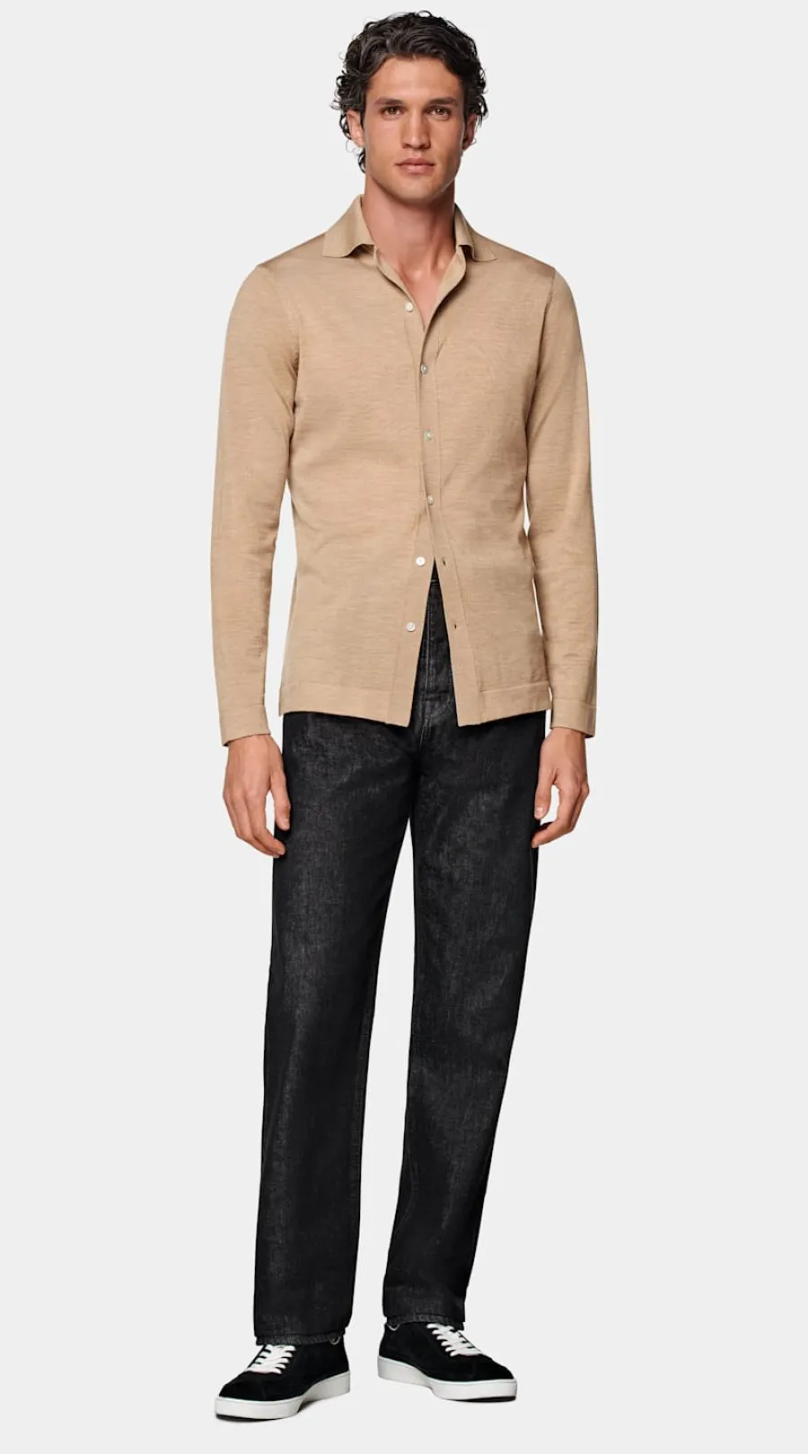 Shop Merino Polo-Cardigan Langarm mittelbraun Strickhemden | Cardigans