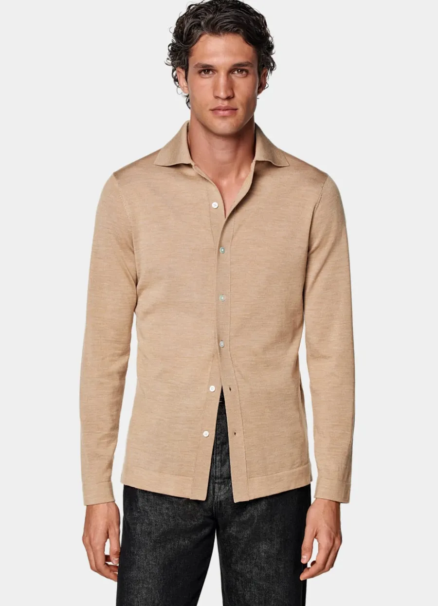 Shop Merino Polo-Cardigan Langarm mittelbraun Strickhemden | Cardigans