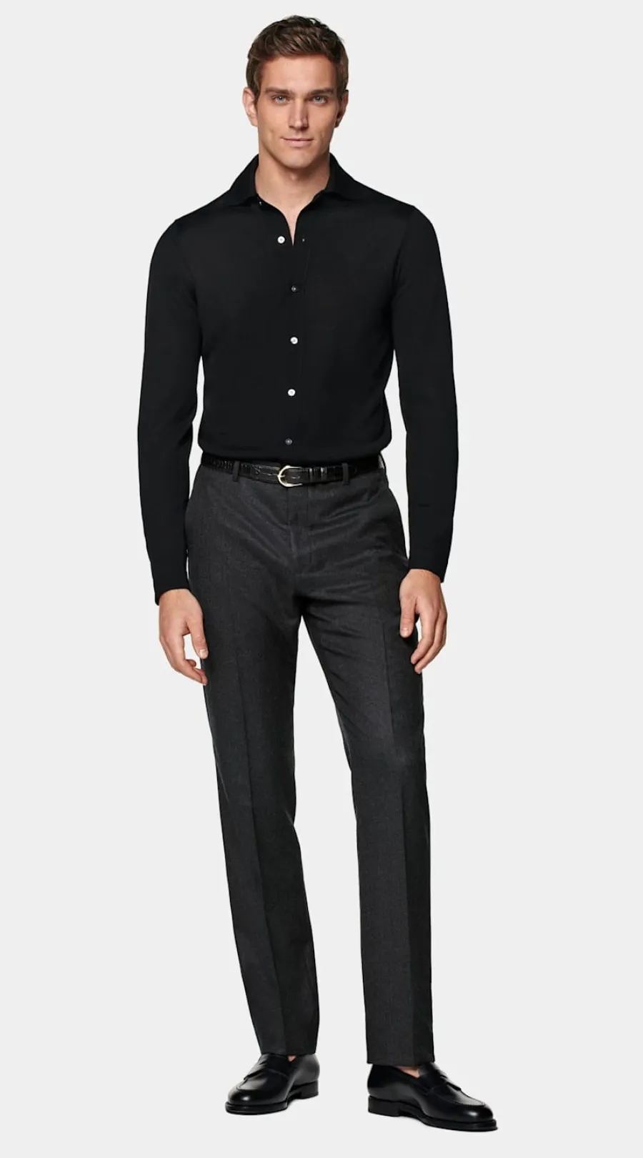 Shop Merino Polo-Cardigan Langarm schwarz Strickhemden | Cardigans