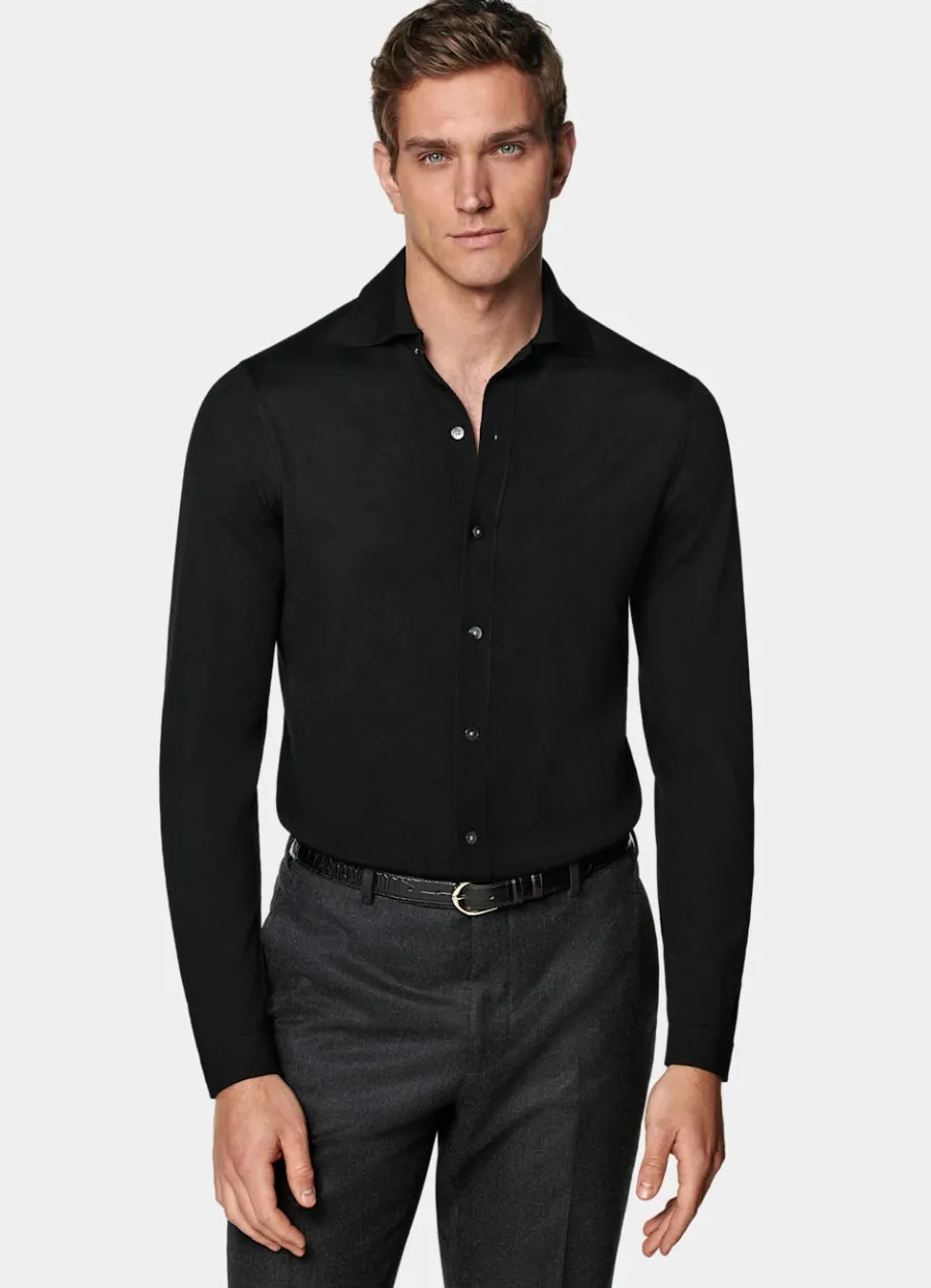Shop Merino Polo-Cardigan Langarm schwarz Strickhemden | Cardigans