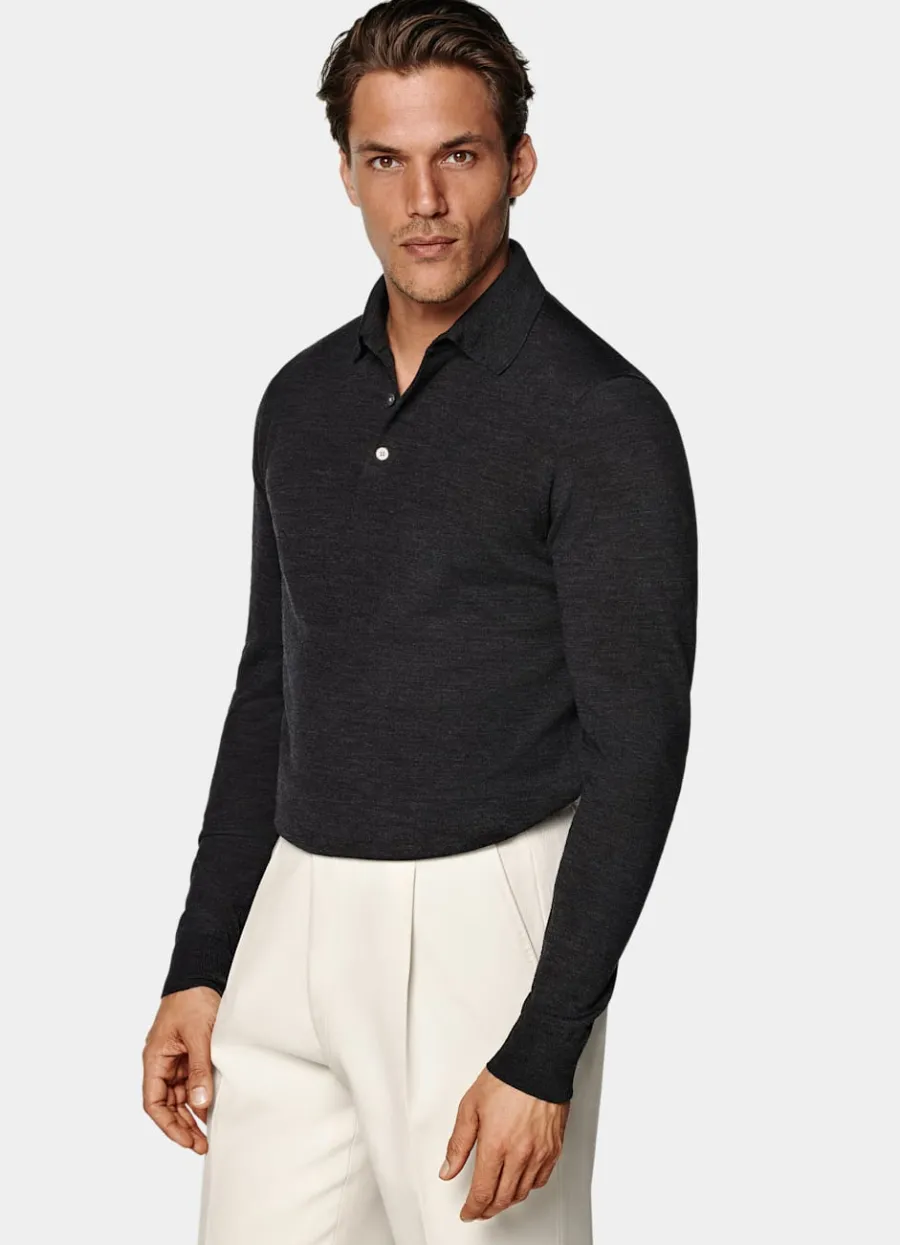 Cheap Merino Poloshirt Langarm dunkelgrau Poloshirts | Poloshirts