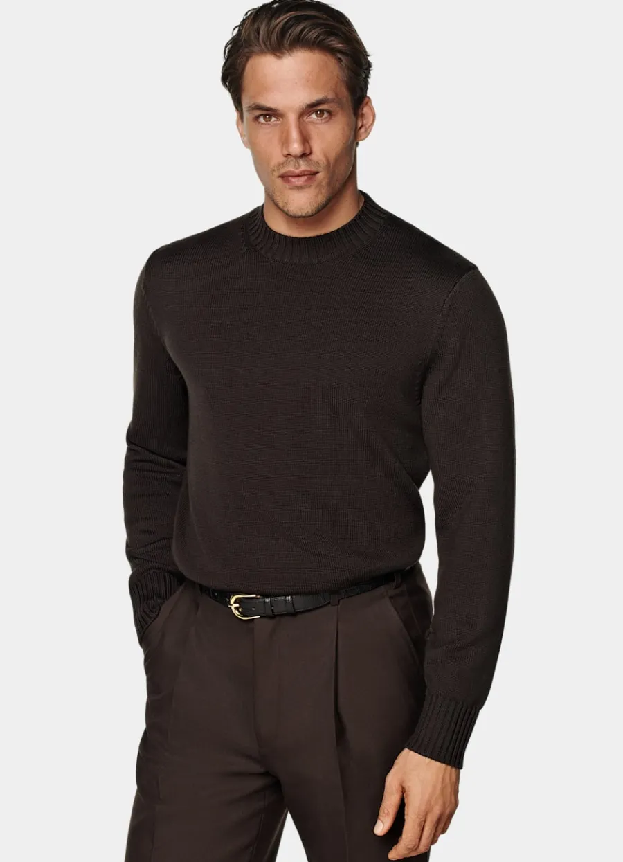 Store Merino Rundhalspullover dunkelbraun Pullover Mit Rundhalskragen & V-Ausschnitt