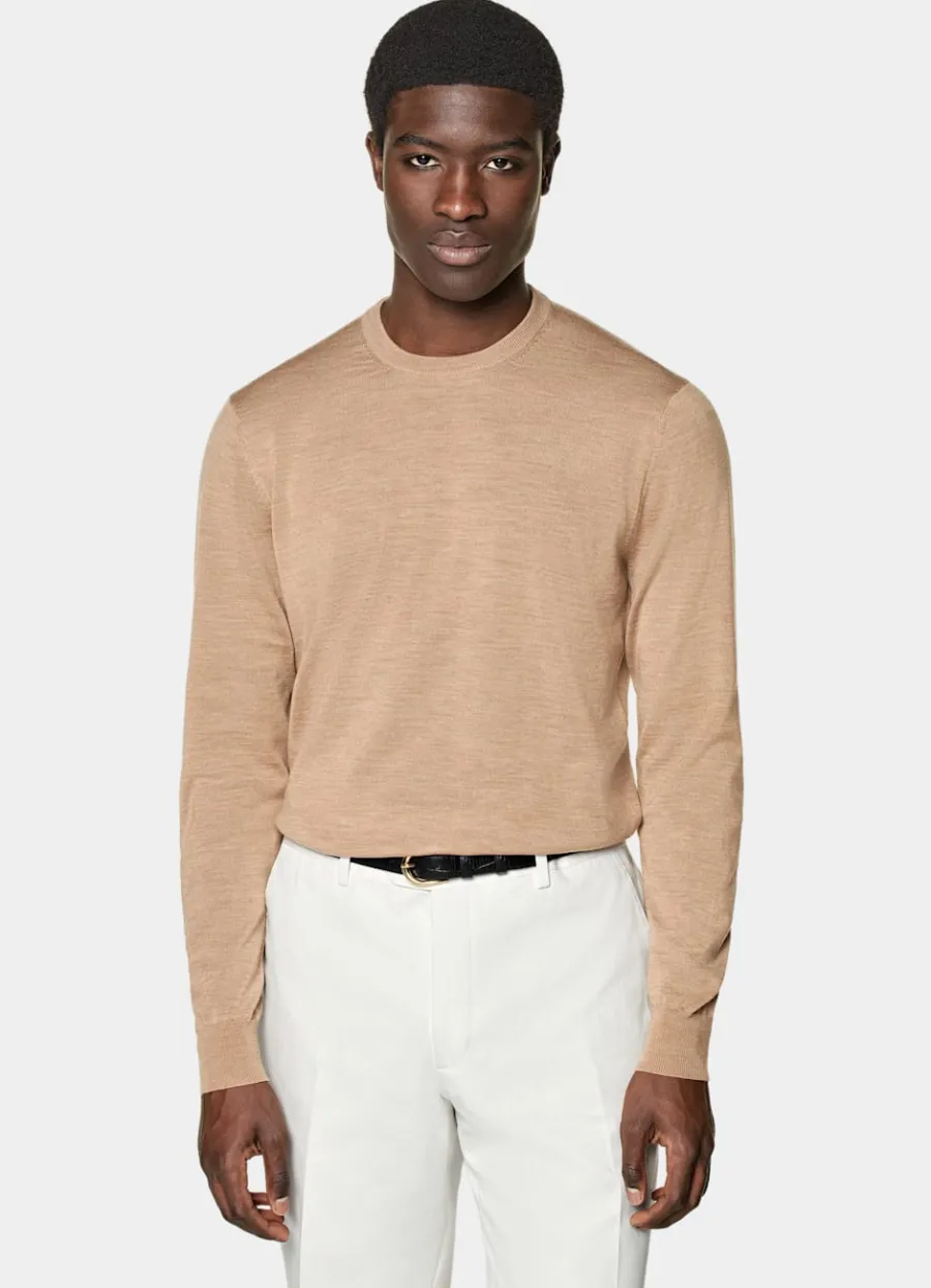 Clearance Merino Rundhalspullover hellbraun Pullover Mit Rundhalskragen & V-Ausschnitt
