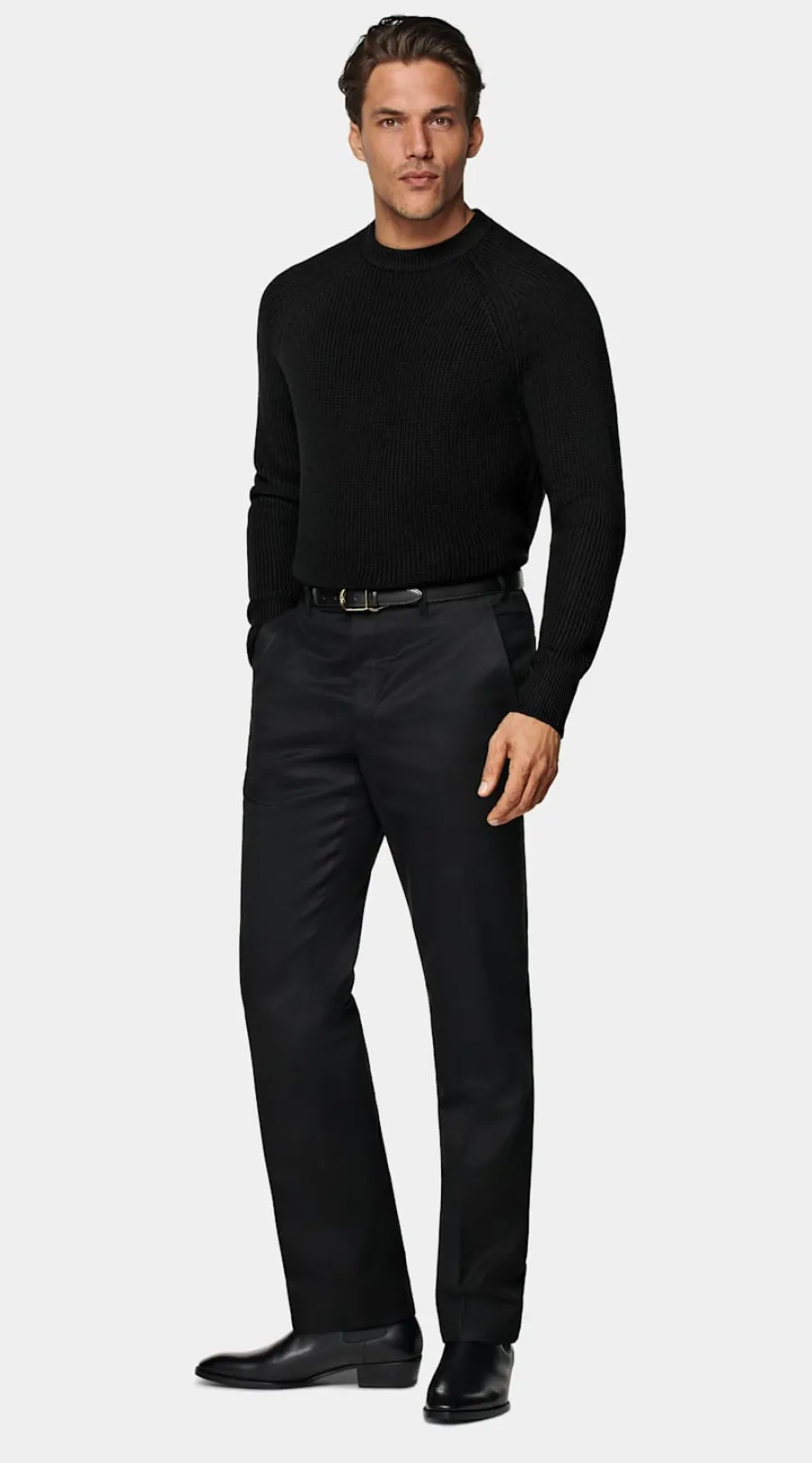 Clearance Merino Rundhalspullover schwarz Rippstrick Pullover Mit Rundhalskragen & V-Ausschnitt