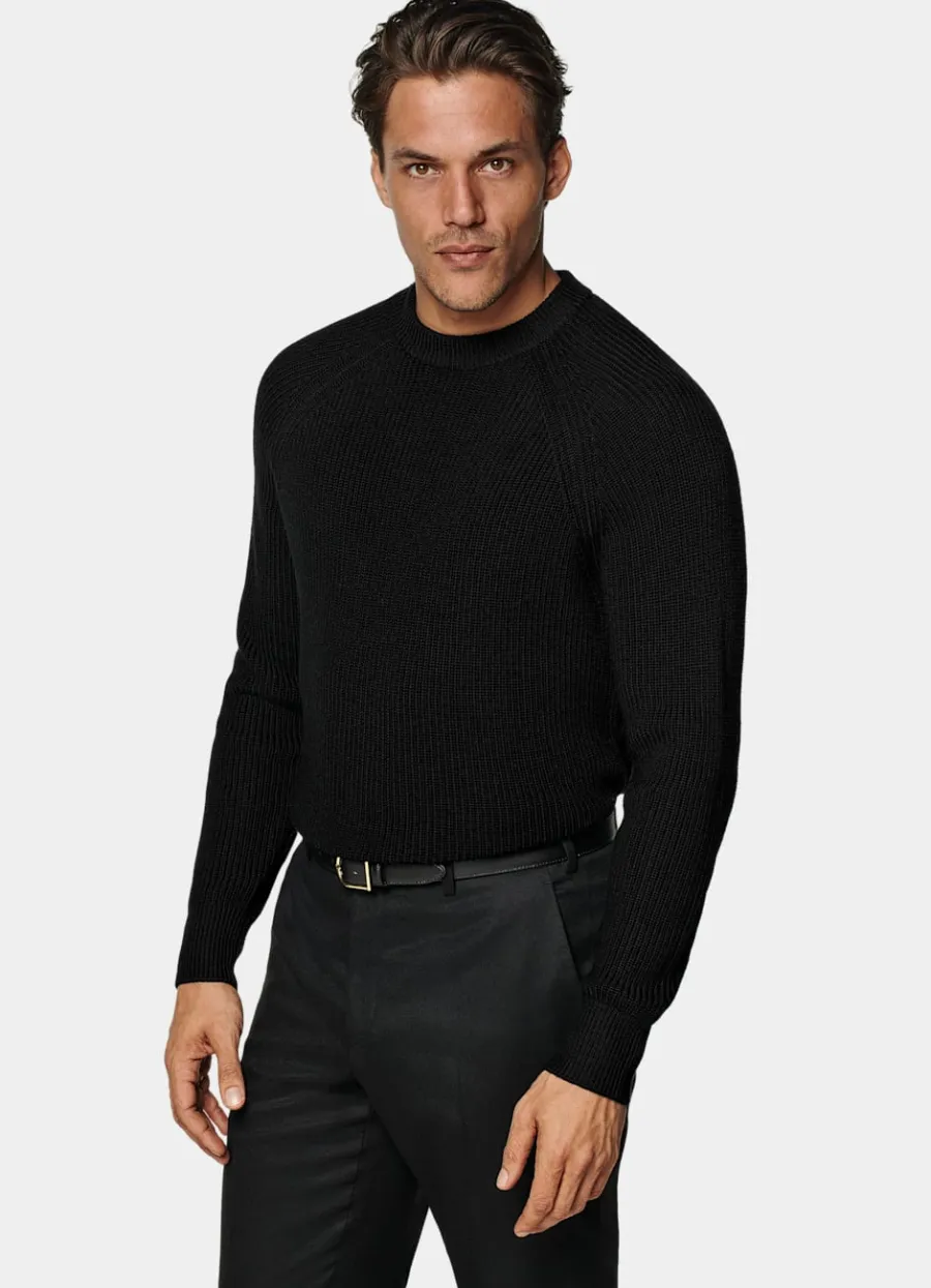 Clearance Merino Rundhalspullover schwarz Rippstrick Pullover Mit Rundhalskragen & V-Ausschnitt