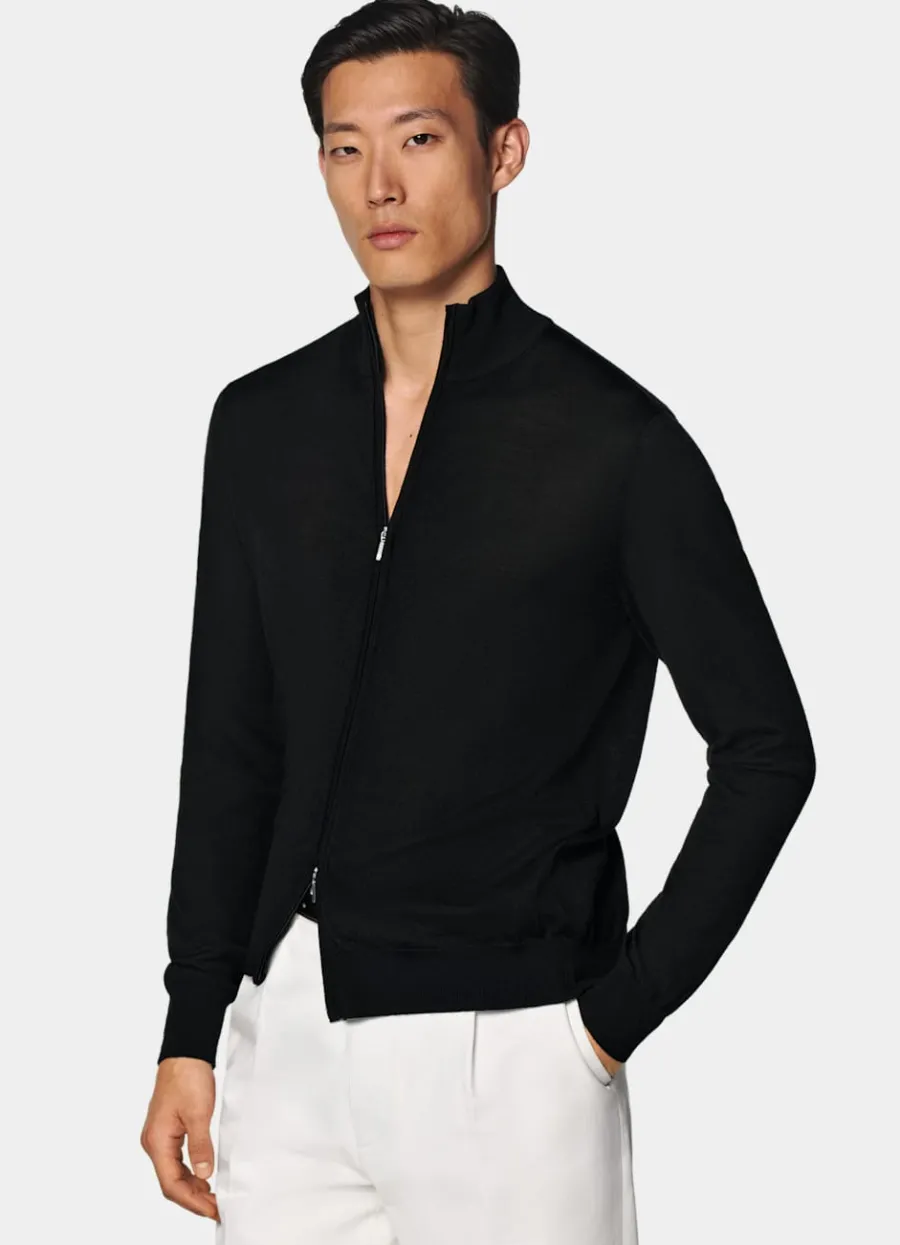 Best Sale Merino Zip-Cardigan schwarz Pullover Mit Reißverschluss