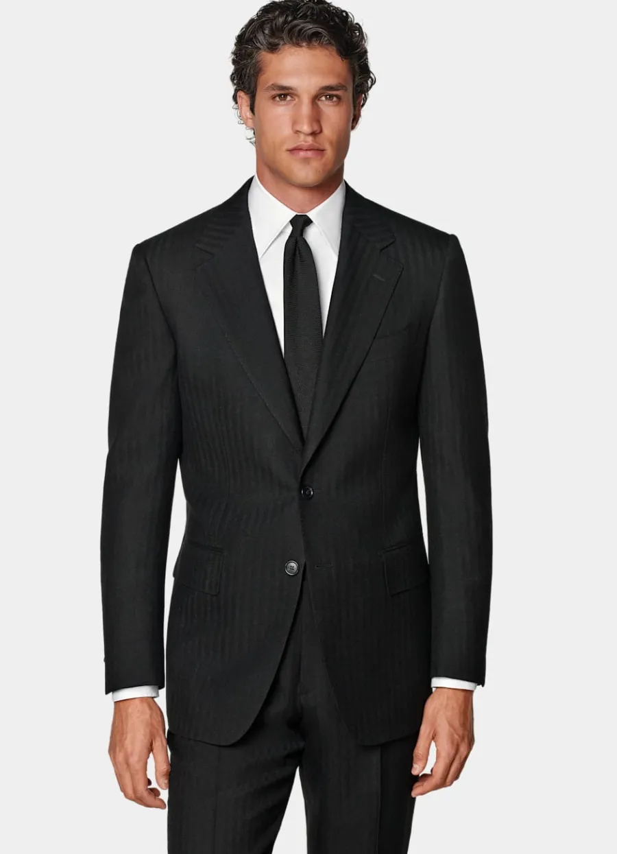 Best Milano Anzug schwarz Fischgrätmuster Tailored Fit Formelle Hochzeit | Hochzeitsanzüge
