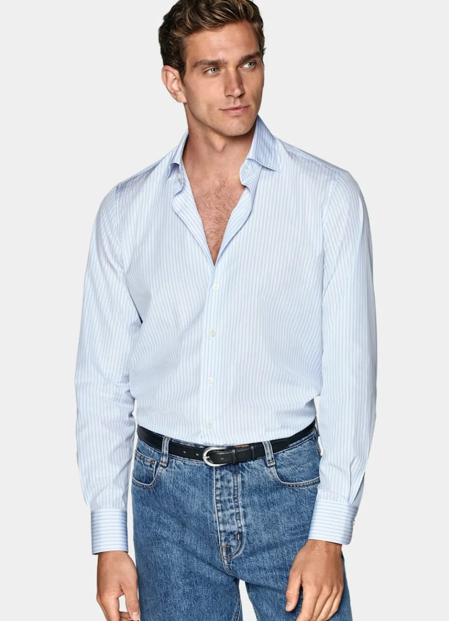 Best Popeline Hemd hellblau gestreift Slim Fit Klassische & Businesshemden