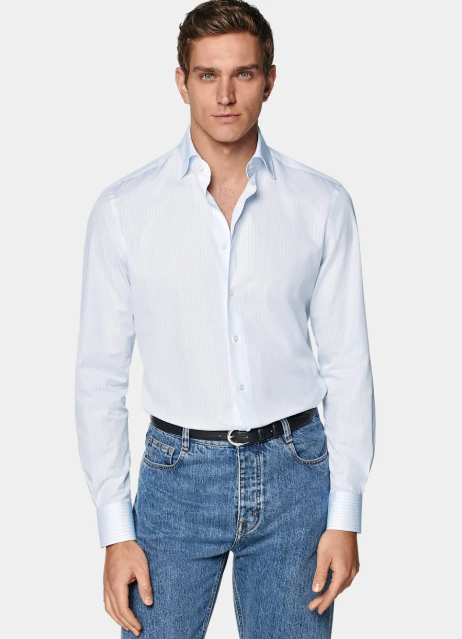 Best Sale Popeline Hemd hellblau gestreift Tailored Fit Klassische & Businesshemden