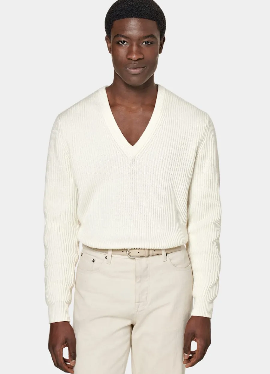 Best Sale Pullover off-white Rippstrick V-Ausschnitt Pullover Mit Rundhalskragen & V-Ausschnitt
