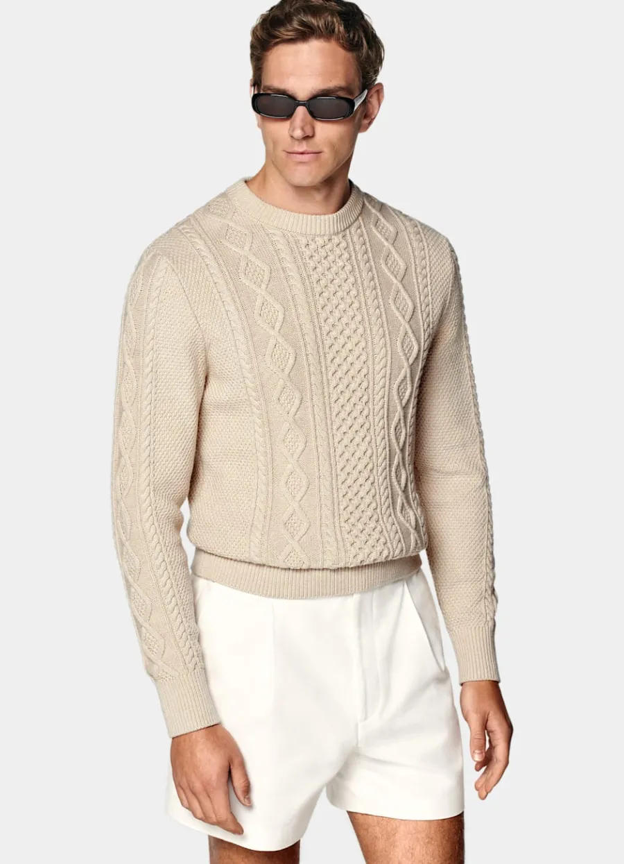 Hot Rundhalspullover hellbraun Kabelstrick Pullover Mit Rundhalskragen & V-Ausschnitt