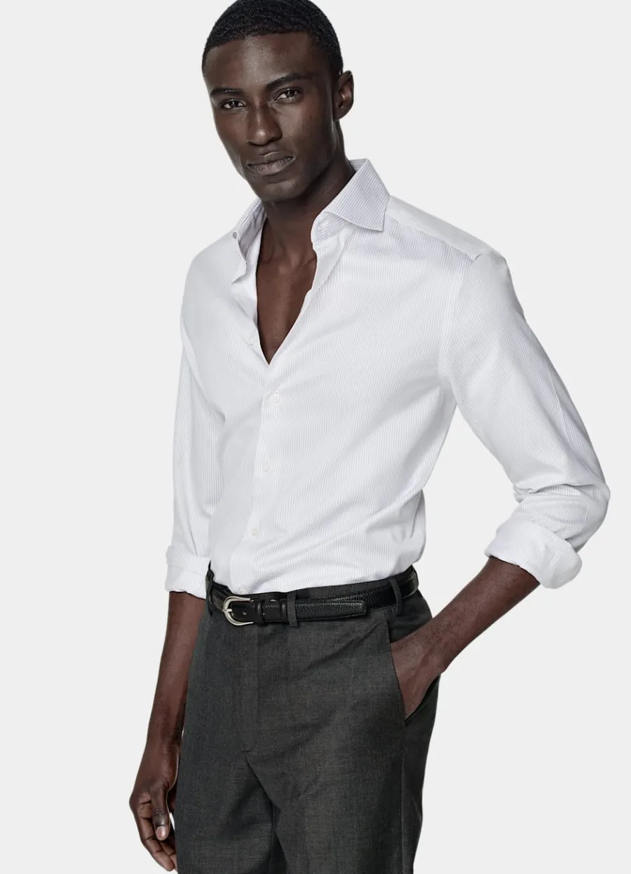 Hot Twill Hemd hellgrau gestreift Slim Fit Traveller Hemden | Klassische & Businesshemden