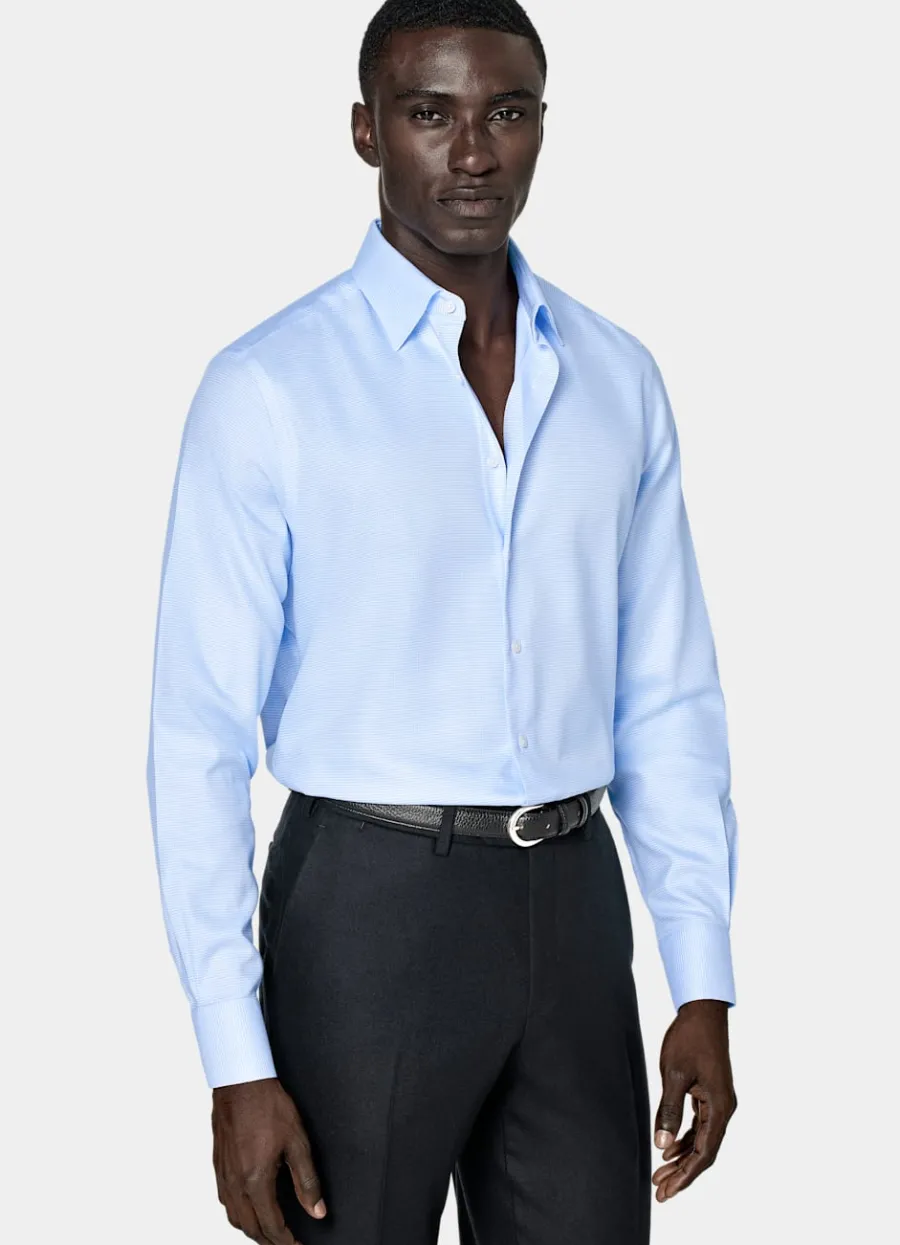Hot Twill-Hemd hellblau Hahnentrittmuster Slim Fit Traveller Hemden | Klassische & Businesshemden