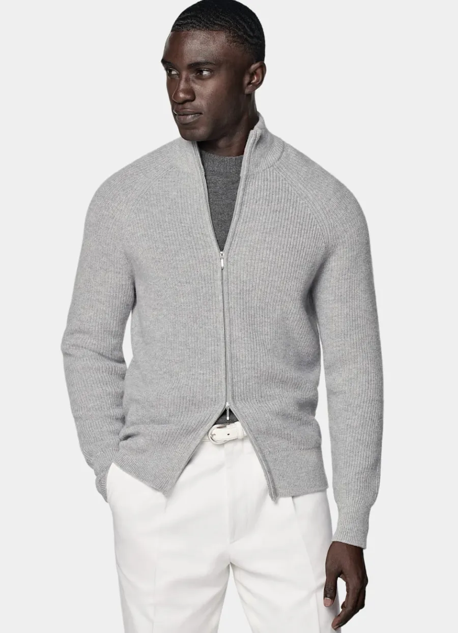 Clearance Zip-Cardigan hellgrau Ripp-Strick Pullover Mit Reißverschluss